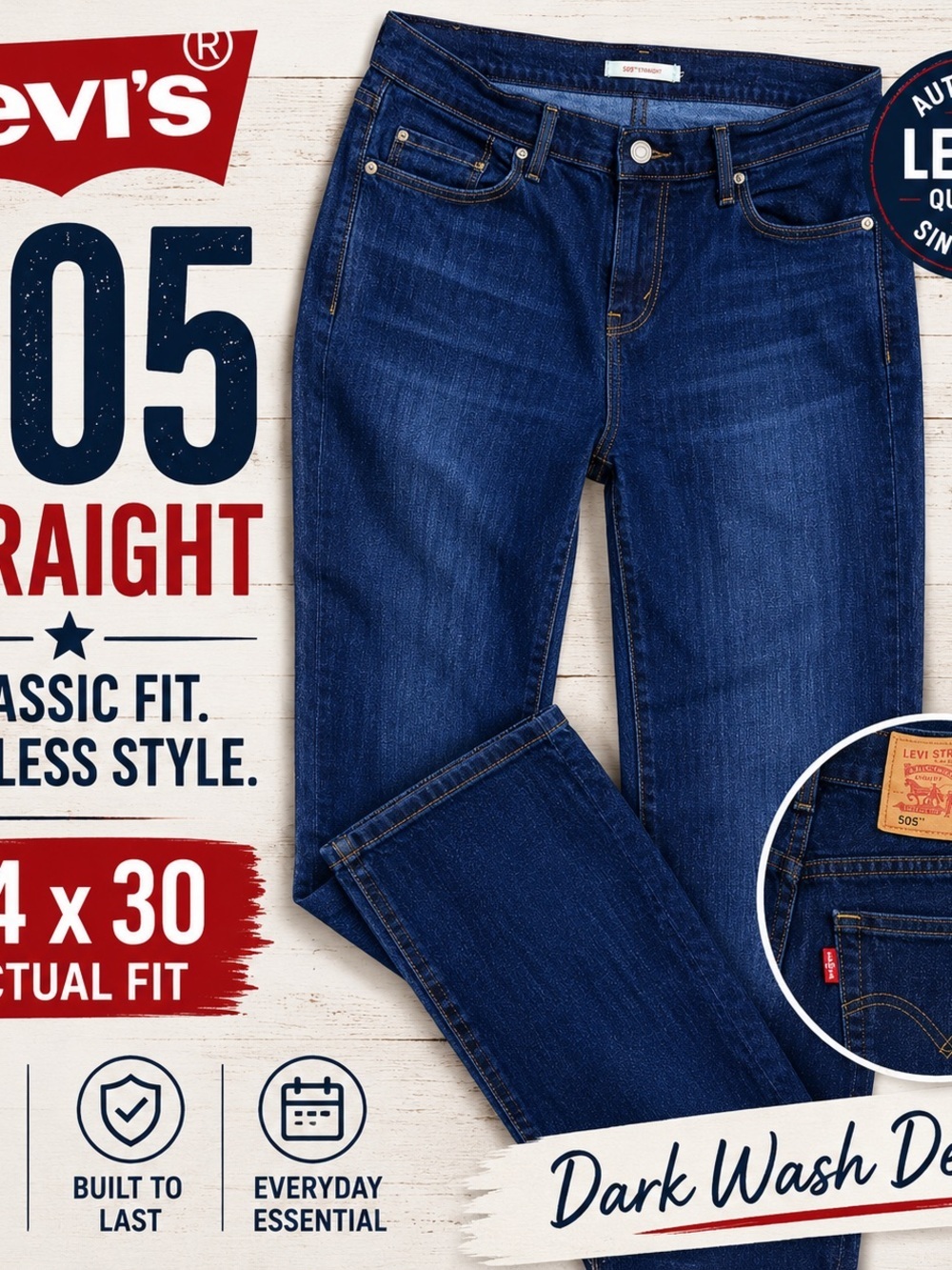 Levi’s 505 Straight Jeans Men’s 34x30 Dark Wash Classic Fit Denim - Picture 2 of 10